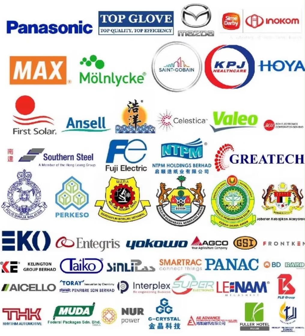 Client logos including Panasonic, Top Glove, Mazda, Sime Darby Inokom, Saint-Gobain, KPJ Healthcare, First Solar, Ansell, Celestica, Valeo, Southern Steel, Fuji Electric, NTPM, Greatech, Entegris, Frontken and others